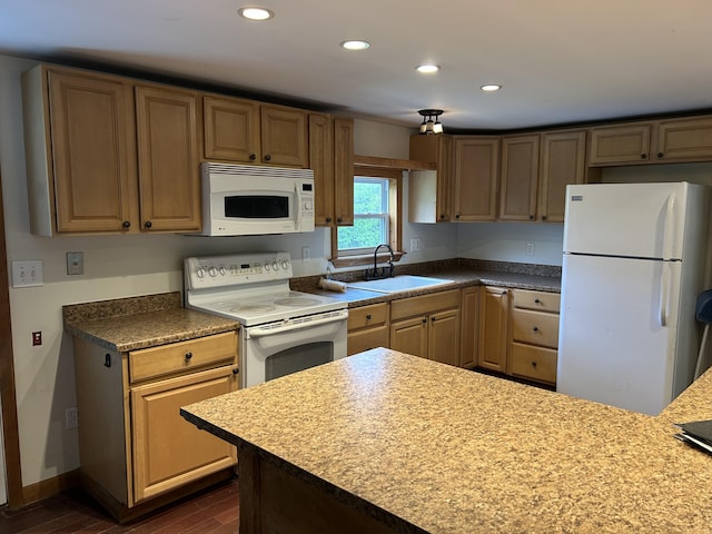 142 Abbott Rd, Albion, ME 04910 - kitchen with white appliances, a sink, dark wood finished floors, and recessed lighting