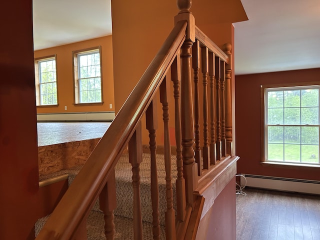 142 Abbott Rd, Albion, ME 04910 - stairway featuring a baseboard heating unit, a baseboard radiator, and hardwood / wood-style flooring