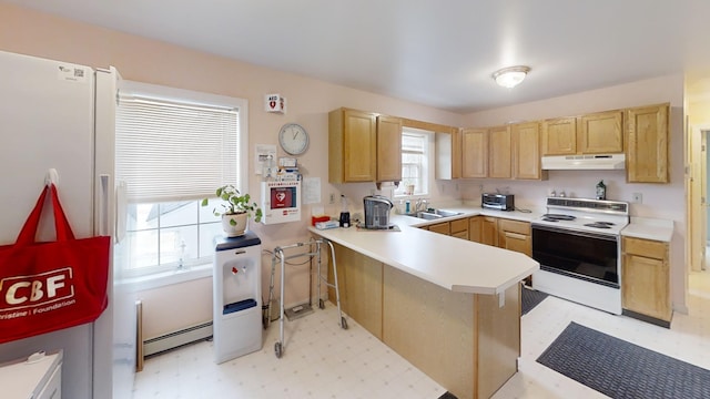 kitchen with white appliances, light floors, light brown cabinets, a baseboard radiator, and under cabinet range hood