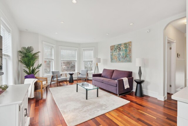 125 Morning St Unit 3/6, Portland, ME 04101 - living room with recessed lighting, arched walkways, dark wood-type flooring, and baseboards