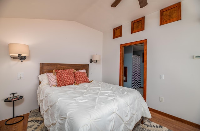 4 Tabert Ln, Belgrade, ME 04917 - bedroom featuring lofted ceiling, wood finished floors, ceiling fan, and baseboards