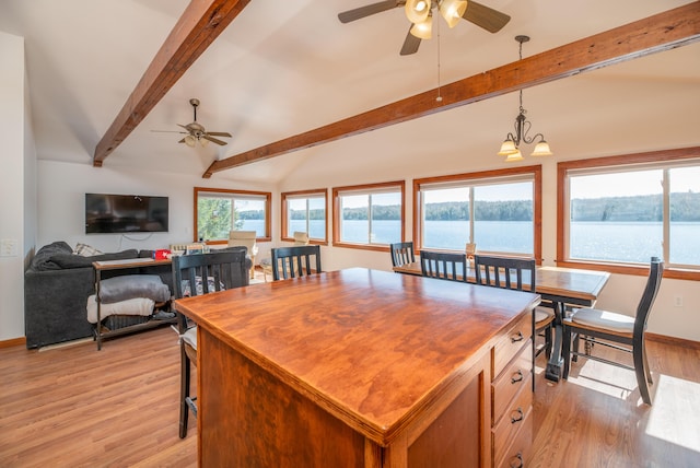 4 Tabert Ln, Belgrade, ME 04917 - kitchen with a ceiling fan, butcher block counters, light wood finished floors, and baseboards