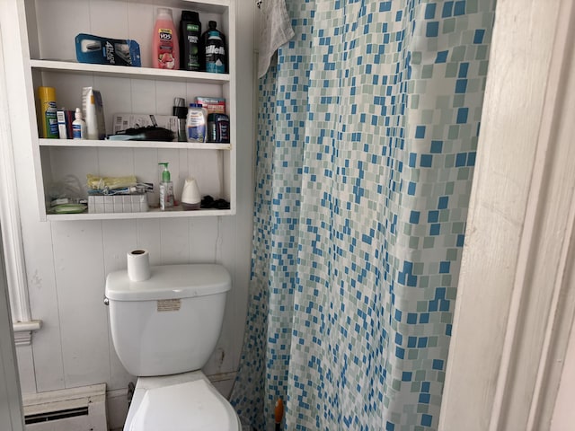 6 Spring St, Waterville, ME 04901 - bathroom featuring baseboard heating, toilet, and a shower with curtain