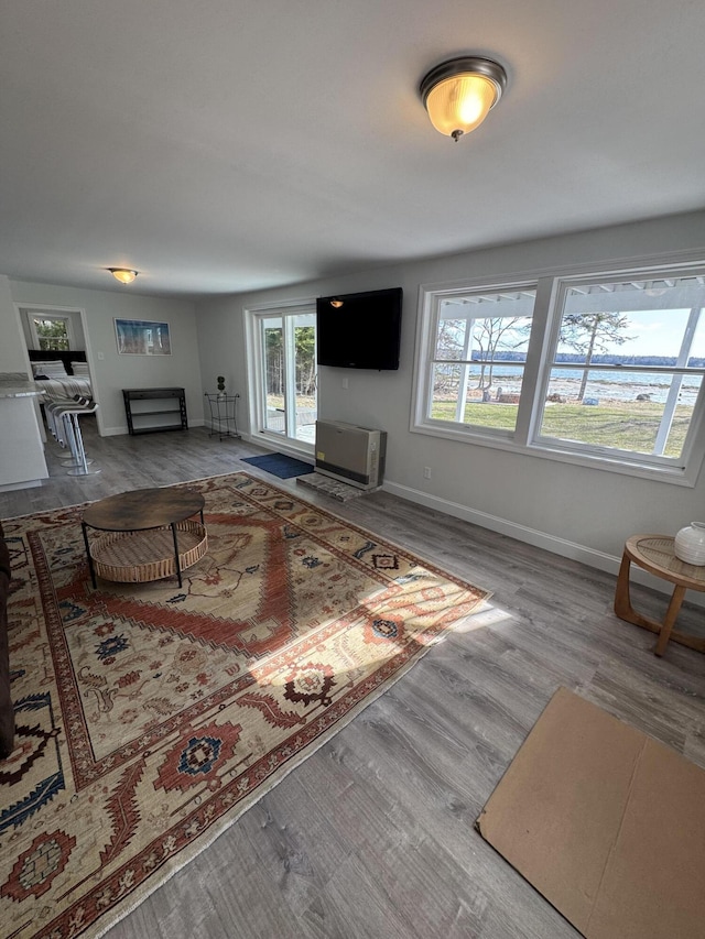 living area with baseboards and wood finished floors