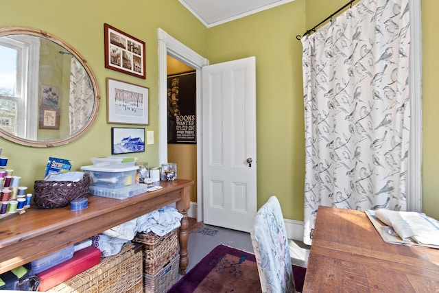 home office with ornamental molding