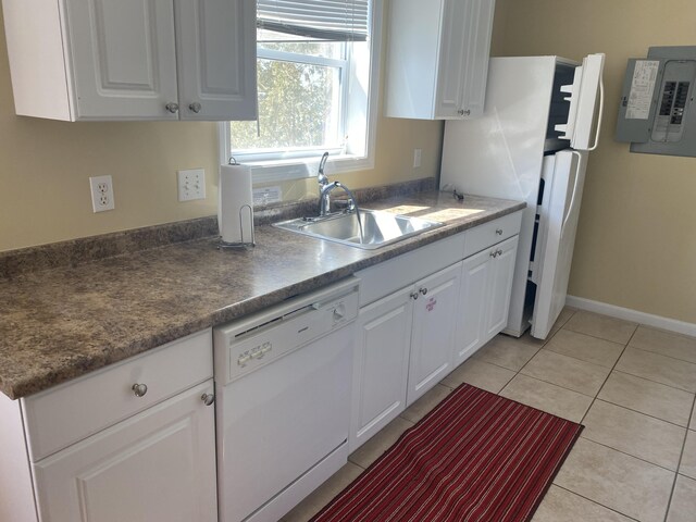 22 Ocean Park Rd Unit 136, Saco, ME 04072 - kitchen featuring white cabinets, electric panel, a sink, and white appliances