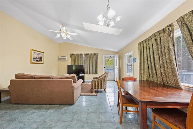 22 Ocean Park Rd Unit 136, Saco, ME 04072 - living room featuring a skylight, lofted ceiling, a ceiling fan, and tile patterned floors