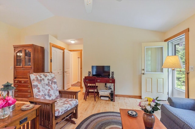 52 Main Rd, Chesterville, ME 04938 - living room with light wood-style floors, vaulted ceiling, and ceiling fan