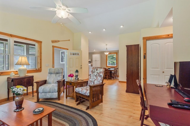 52 Main Rd, Chesterville, ME 04938 - living room featuring light wood-style floors, vaulted ceiling, ceiling fan, and recessed lighting