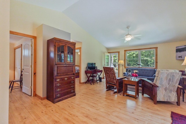 52 Main Rd, Chesterville, ME 04938 - living room featuring light wood-style flooring, ceiling fan, and lofted ceiling