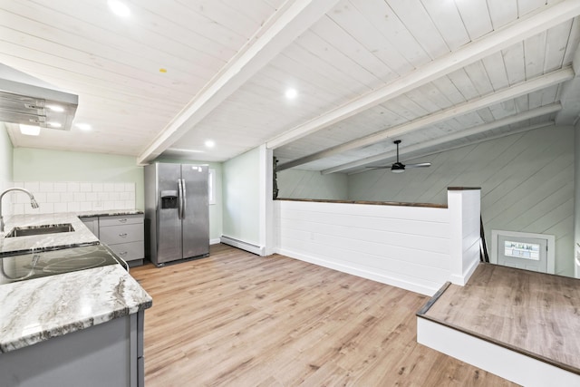 2 Mountain View Ln, Readfield, ME 04355 - kitchen featuring gray cabinets, a sink, a baseboard radiator, light wood-style flooring, and stainless steel refrigerator with ice dispenser