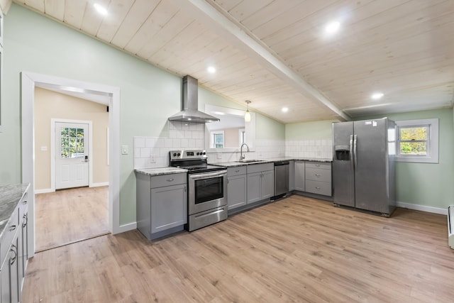 2 Mountain View Ln, Readfield, ME 04355 - kitchen featuring tasteful backsplash, gray cabinets, stainless steel appliances, wall chimney range hood, and vaulted ceiling with beams