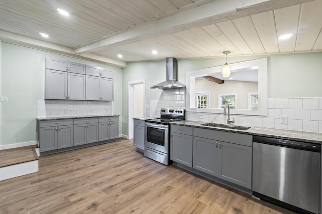 2 Mountain View Ln, Readfield, ME 04355 - kitchen with light wood finished floors, appliances with stainless steel finishes, a sink, wall chimney range hood, and gray cabinets