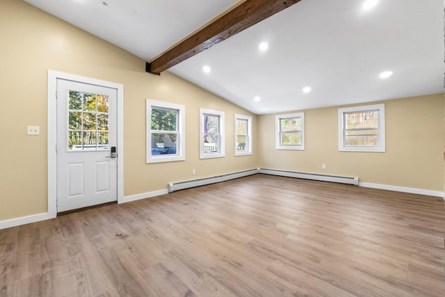 2 Mountain View Ln, Readfield, ME 04355 - interior space featuring baseboards, lofted ceiling with beams, wood finished floors, and recessed lighting