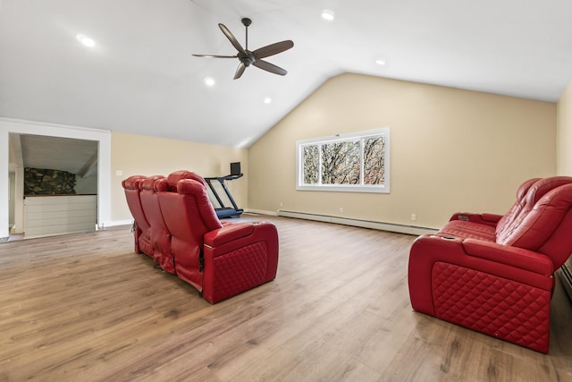 2 Mountain View Ln, Readfield, ME 04355 - living room with baseboards, ceiling fan, wood finished floors, lofted ceiling, and a baseboard heating unit