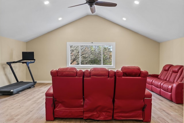2 Mountain View Ln, Readfield, ME 04355 - home theater featuring baseboards, lofted ceiling, wood finished floors, and ceiling fan