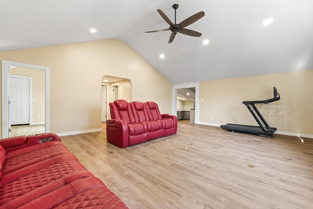 2 Mountain View Ln, Readfield, ME 04355 - living room with a ceiling fan, baseboards, vaulted ceiling, and wood finished floors