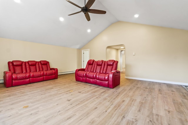 2 Mountain View Ln, Readfield, ME 04355 - living room featuring baseboard heating, wood finished floors, lofted ceiling, and ceiling fan