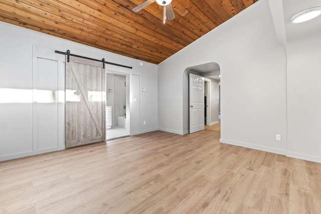 2 Mountain View Ln, Readfield, ME 04355 - empty room with lofted ceiling, light wood-type flooring, wood ceiling, arched walkways, and a ceiling fan