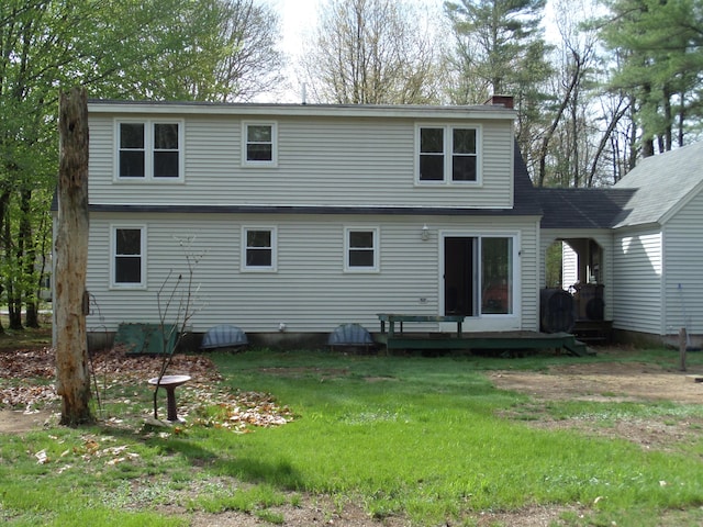 365 Country Club 3rd Rd, Sanford, ME 04073 - rear view of house featuring a wooden deck, a lawn, and a chimney