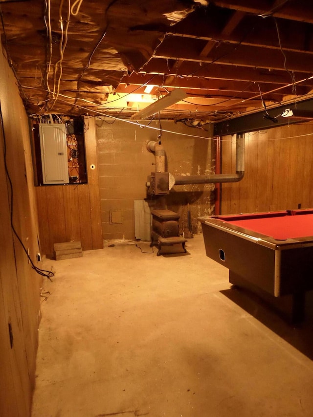 365 Country Club 3rd Rd, Sanford, ME 04073 - unfinished basement featuring electric panel, pool table, and wood walls
