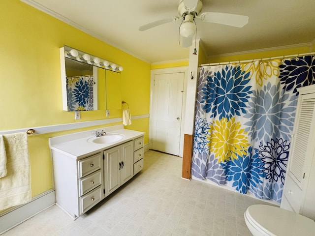 20 Water St, Winterport, ME 04496 - bathroom featuring a shower with shower curtain, ornamental molding, a ceiling fan, and vanity