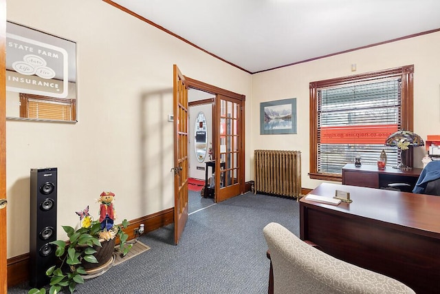 86 Western Ave, Augusta, ME 04330 - office space with carpet flooring, ornamental molding, radiator heating unit, and french doors