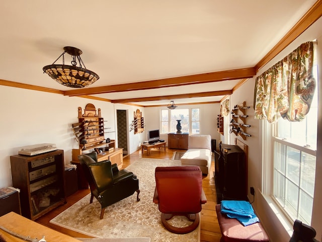 living room featuring crown molding and beamed ceiling