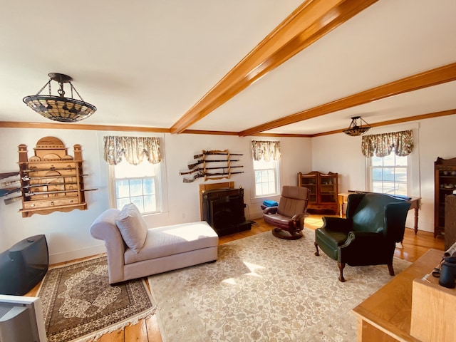 living area featuring baseboards, ornamental molding, wood finished floors, and beamed ceiling