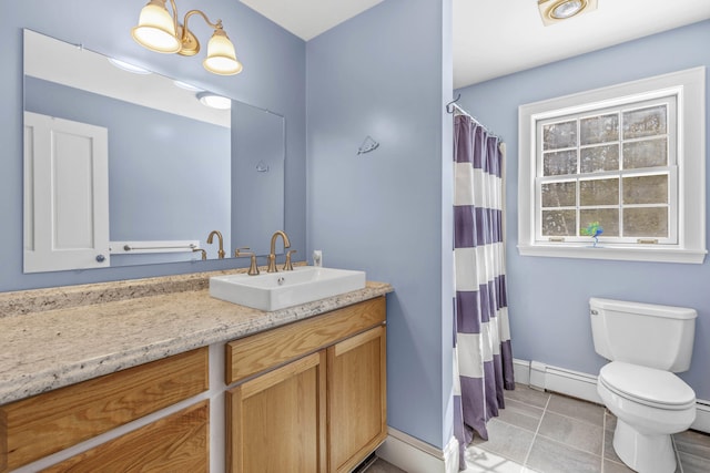 full bathroom featuring vanity, a baseboard radiator, baseboards, toilet, and a shower with shower curtain