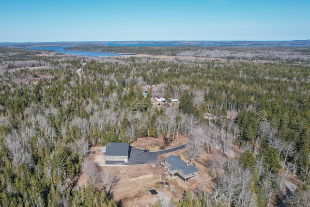 birds eye view of property featuring a forest view