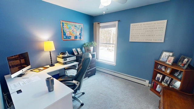 carpeted office featuring ceiling fan and baseboard heating
