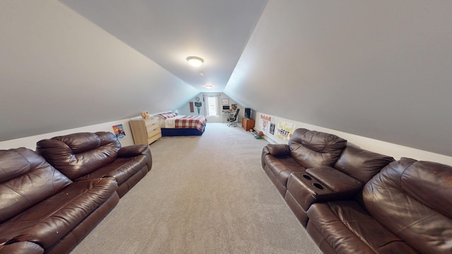 living area featuring light carpet and lofted ceiling