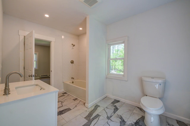 313 W Neck Rd, Nobleboro, ME 04555 - full bath featuring toilet, shower / washtub combination, baseboards, marble look tile flooring, and vanity