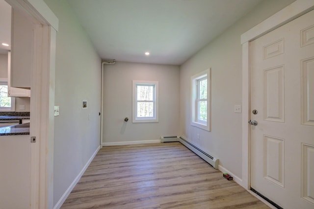 313 W Neck Rd, Nobleboro, ME 04555 - foyer featuring a baseboard radiator, plenty of natural light, light wood finished floors, and recessed lighting