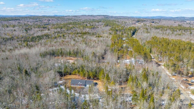 birds eye view of property with a wooded view and a mountain view