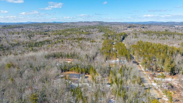 drone / aerial view featuring a mountain view and a view of trees