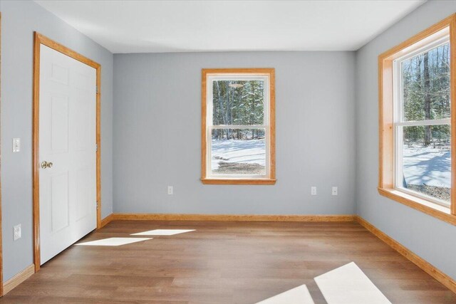 spare room with a wealth of natural light, wood finished floors, and baseboards