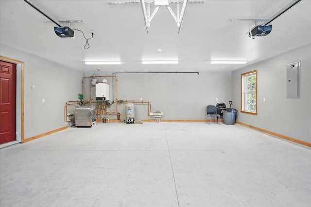 garage featuring water heater, a garage door opener, baseboards, and electric panel