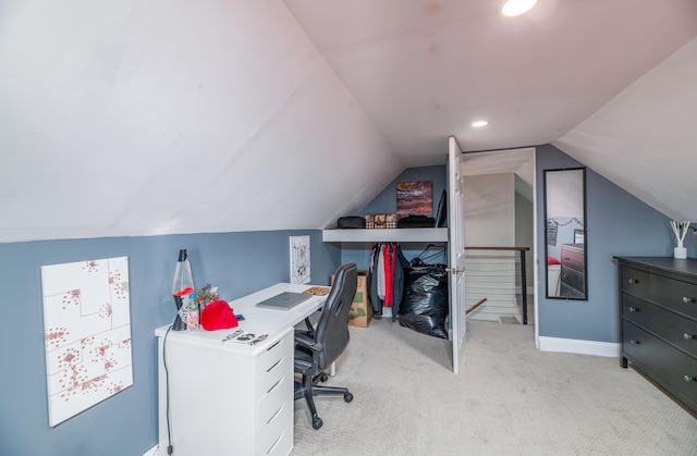carpeted office featuring recessed lighting, lofted ceiling, and baseboards