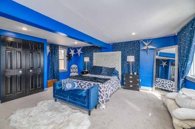 carpeted bedroom with recessed lighting and wallpapered walls