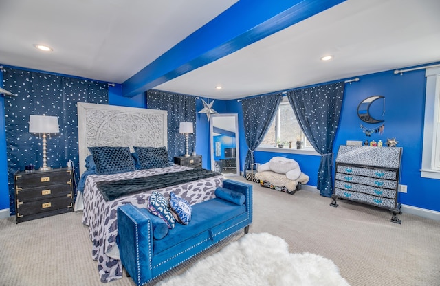carpeted bedroom featuring recessed lighting, wallpapered walls, and baseboards