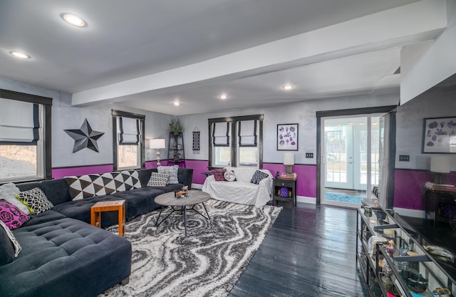 living room featuring recessed lighting, wood finished floors, beamed ceiling, and french doors