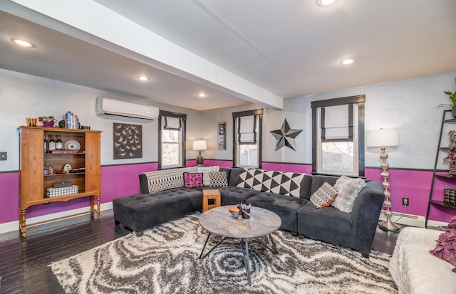 living area with a baseboard radiator, baseboards, recessed lighting, an AC wall unit, and wood finished floors