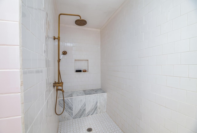 3 Adell Rd, Readfield, ME 04355 - bathroom with a tile shower, tile walls, pet washing area, and tile patterned flooring