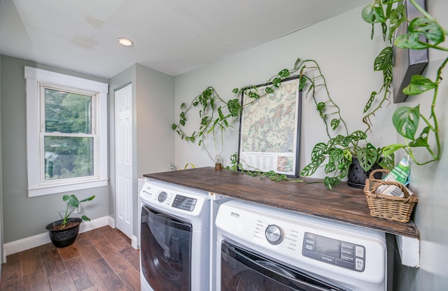3 Adell Rd, Readfield, ME 04355 - washroom featuring washing machine and clothes dryer, dark wood-style floors, and recessed lighting