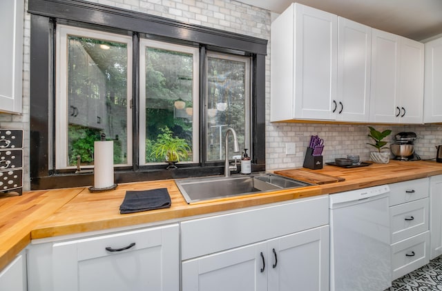 3 Adell Rd, Readfield, ME 04355 - kitchen featuring dishwasher, wood counters, white cabinetry, and backsplash