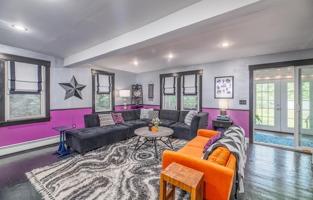 3 Adell Rd, Readfield, ME 04355 - living area with healthy amount of natural light, wood-type flooring, french doors, recessed lighting, and a baseboard heating unit