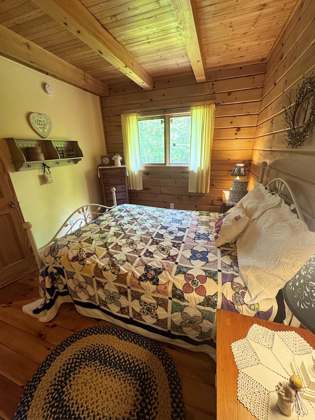 362 N Raymond Rd, Poland, ME 04274 - bedroom featuring wood walls, a wood ceiling with exposed beams, and wood finished floors