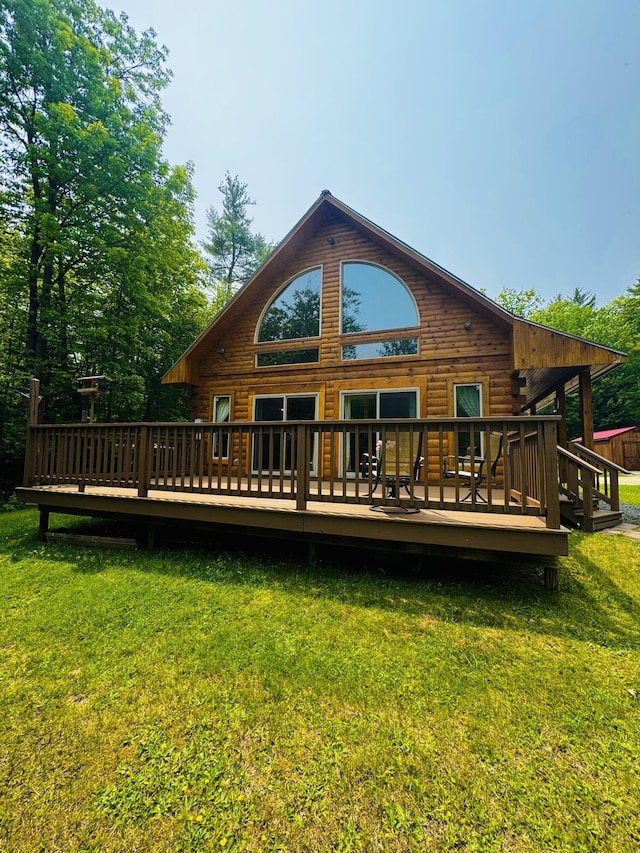 362 N Raymond Rd, Poland, ME 04274 - back of property featuring a yard, log siding, and a deck